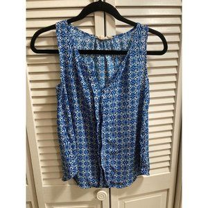 Size S Pink Rose Blue and White Floral Tile Patterned Light Floaty Blouse Tank